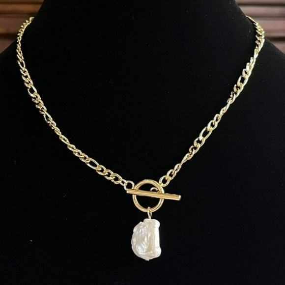 18K Gold Plated Chain Link Baroque‎ Freshwater Pearl Pendant Necklace 17..5in - Picture 3 of 10
